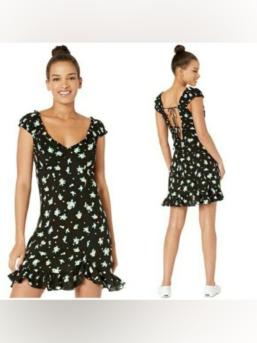 Free People Like A Lady Mini Dress Black Floral Open Back Ruffle Hem L